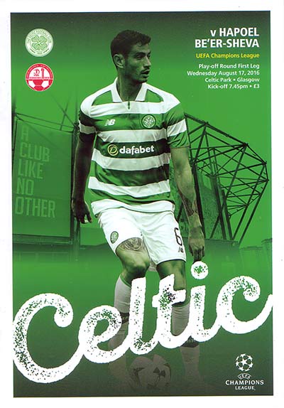 Match programme Celtic FC v Hapoel Be'er Sheva 17/08/2016