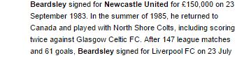 Beardsley as the scorer of both goals - evidence